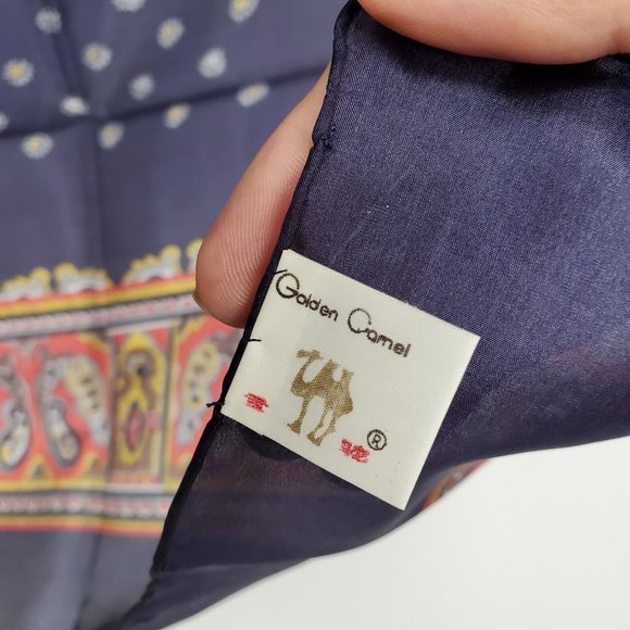 Vintage Silk Scarf Square Navy Blue Paisley Floral 31" Hand Rolled - Picture 6 of 10